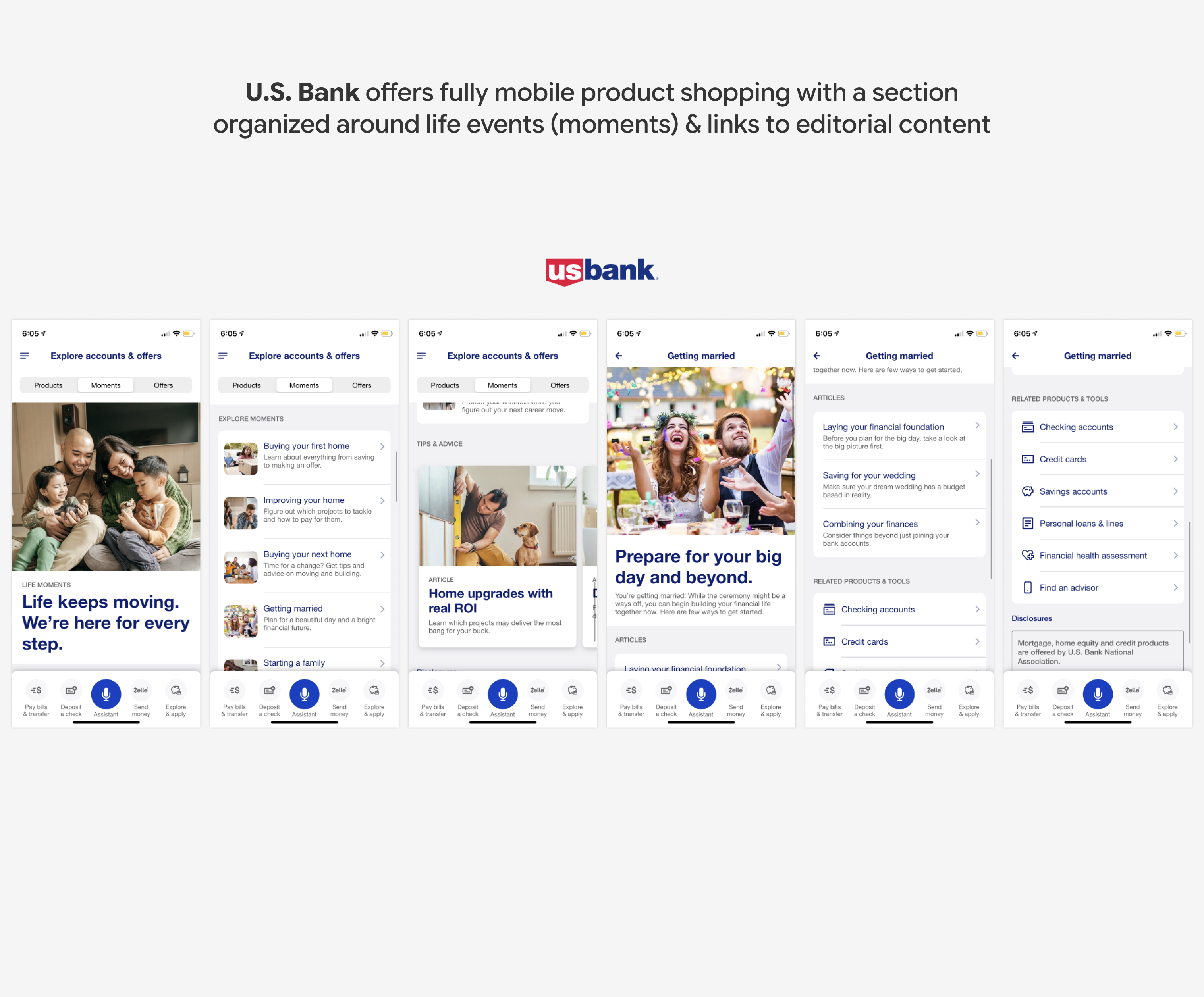 U.S. Bank offers fully mobile product shopping with a section organized around life events (moments) and links to editorial content